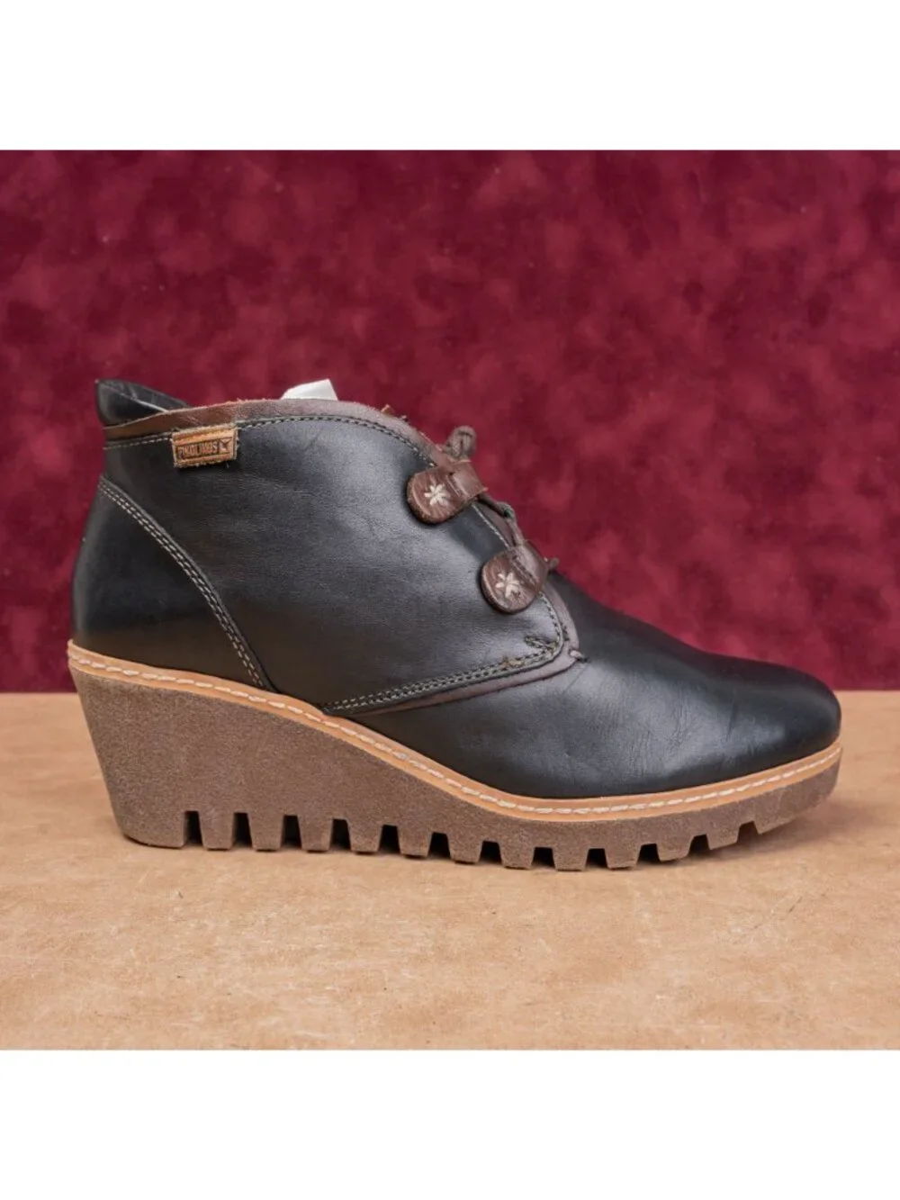Pikolinos Women Maple Black Leather Lace-up Wedge Ankle Boots sz10US EUR41